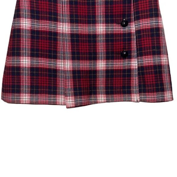 Womens Check Flare Red Mini Skirt Size 2 Wool & Silk Button Detail Made In Italy - Picture 4 of 6